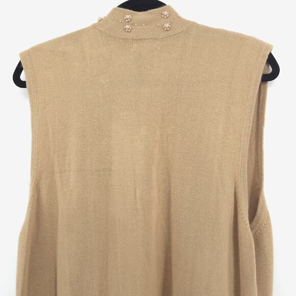 Vintage CXT 70s BohoTan Beaded Neckline OpenFront Duster Sleeveless Split Hem XL - Picture 9 of 11